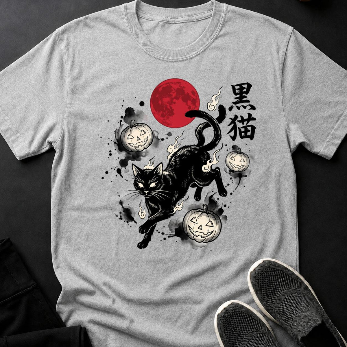 Black Cat Blood Moon Sumi-e Cat Tee