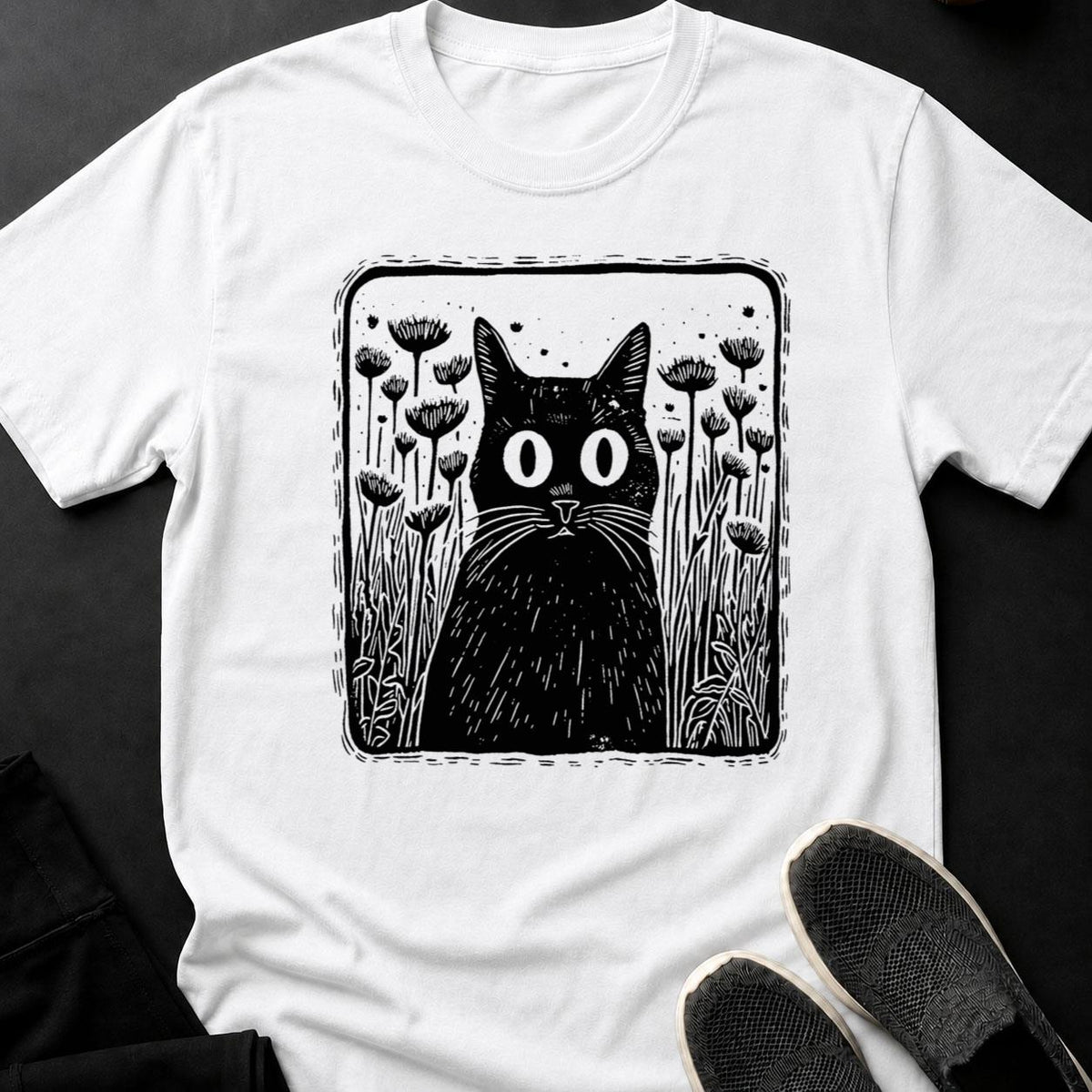 Black Cat Hiding In Dandelion Field Tee