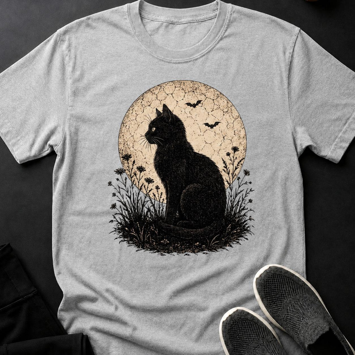 Black Cat Moon Bats Flowers Engrave