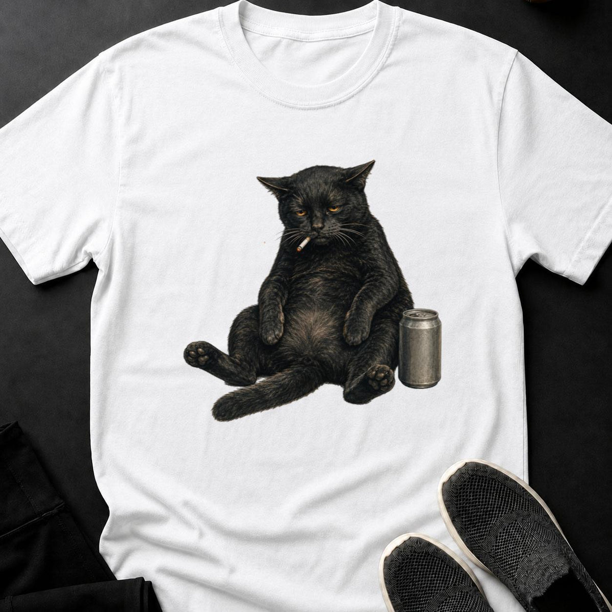 Grumpy Fat Cat Smoking With Beer Cat Tee