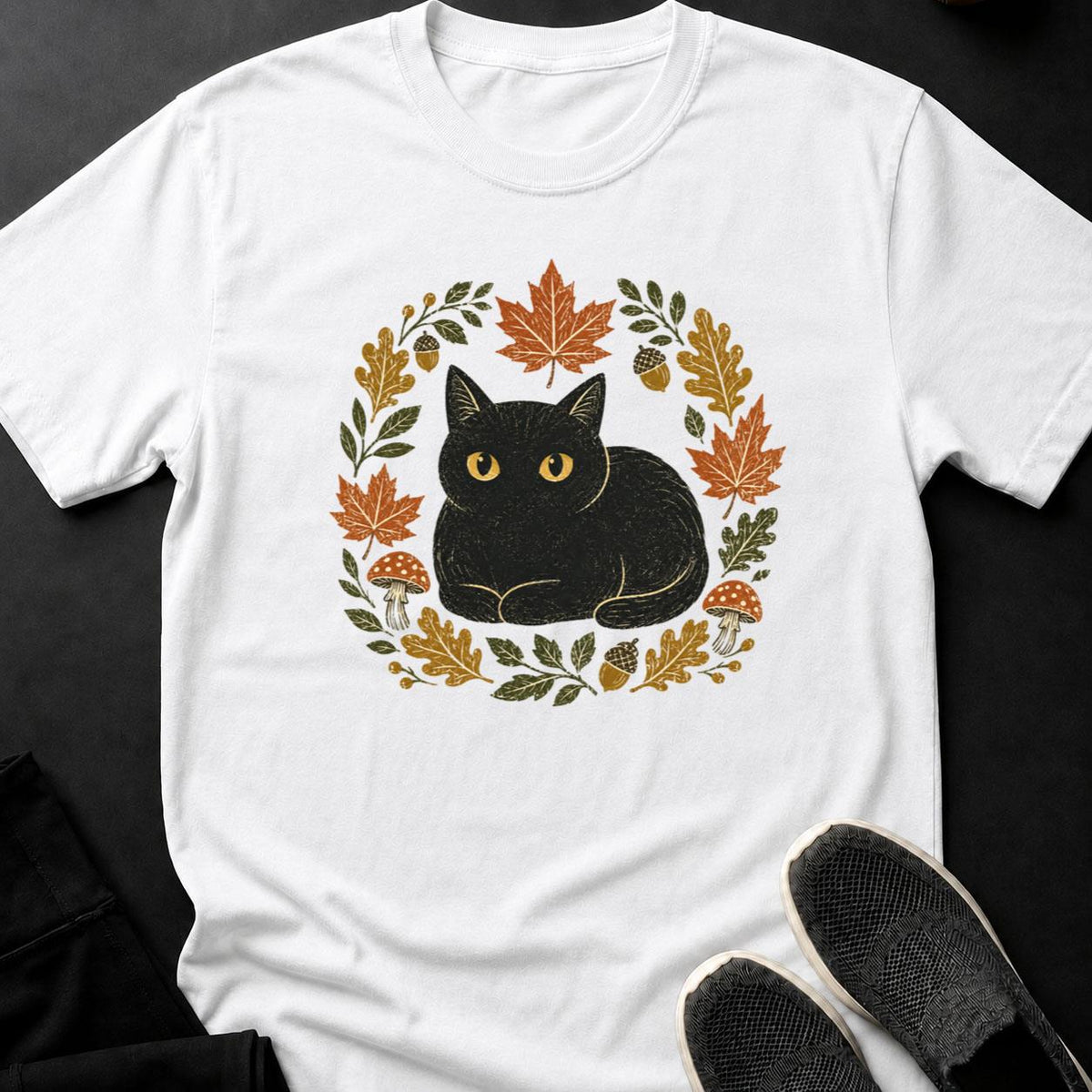 Linocut Black Cat Autumn Wreath Tee