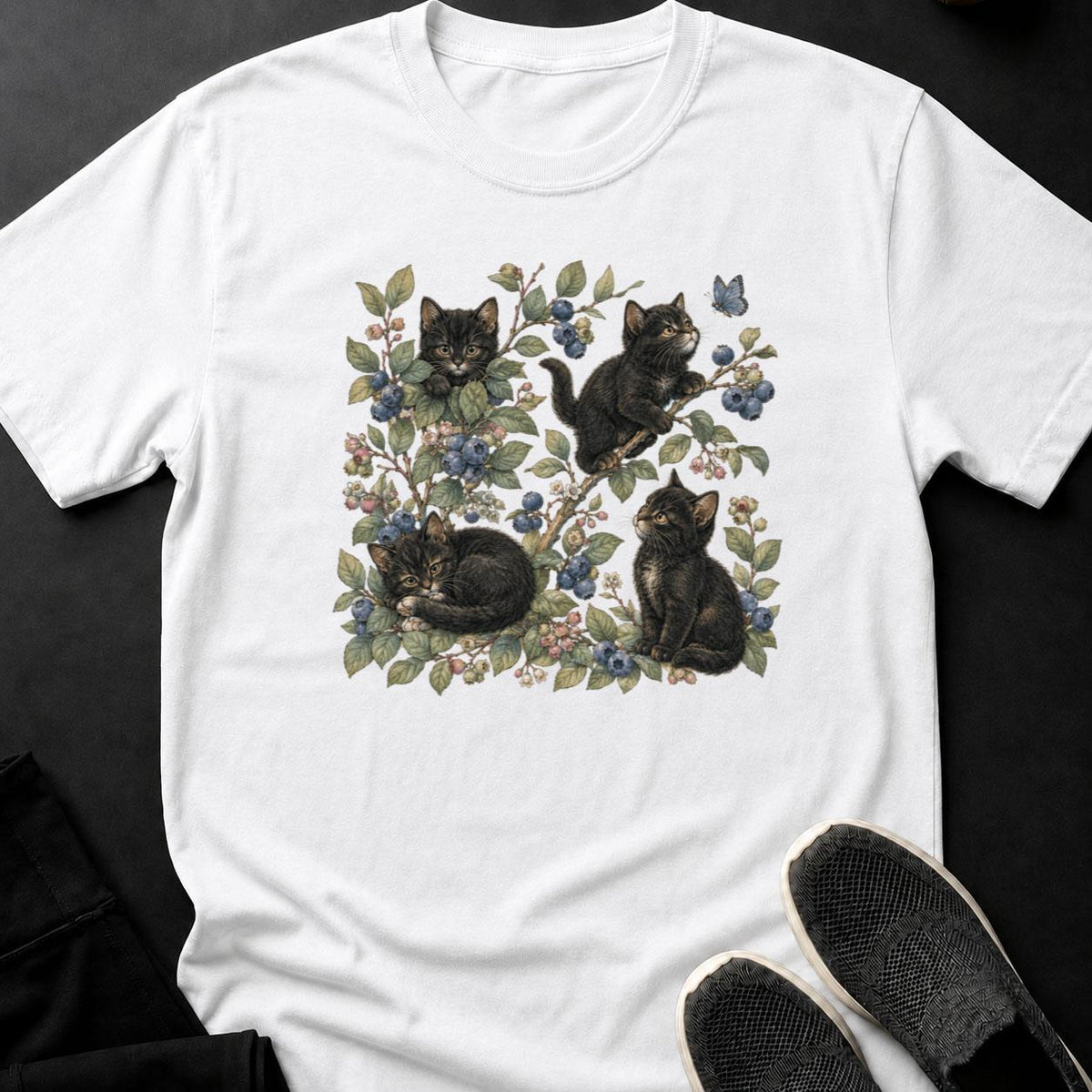 Whimsical Kittens Among Blueberry Branches