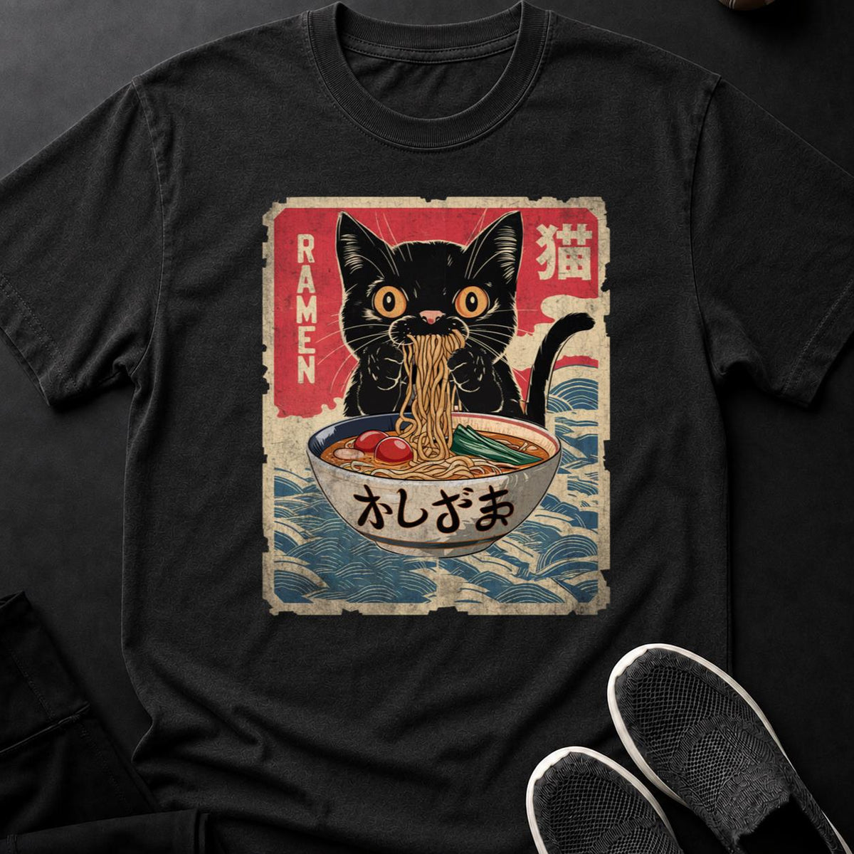 Anime Cat Ramen Woodblock Tee