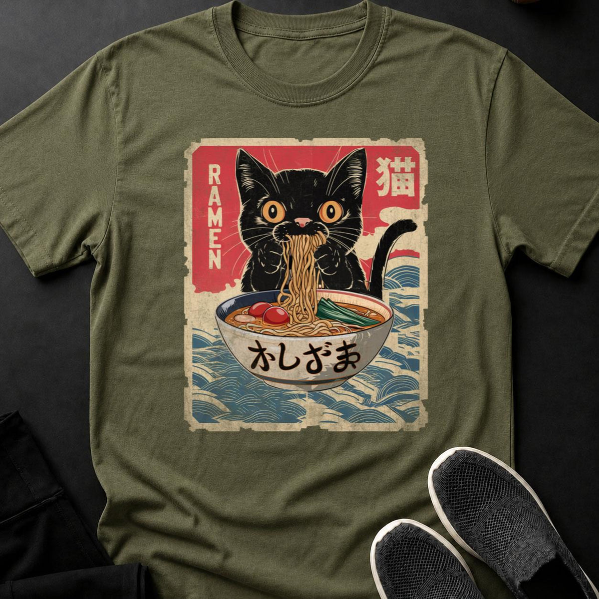 Anime Cat Ramen Woodblock Tee