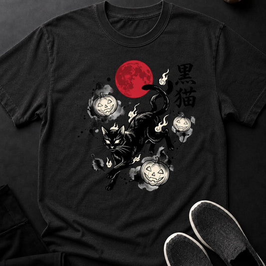Black Cat Blood Moon Sumi-e Cat Tee