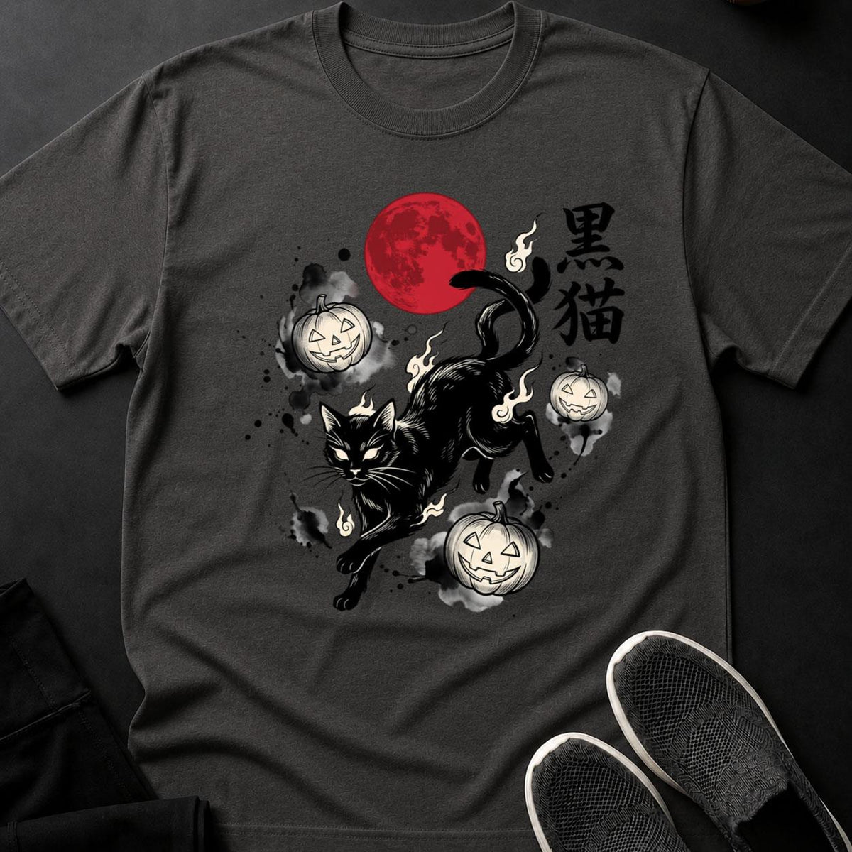 Black Cat Blood Moon Sumi-e Cat Tee