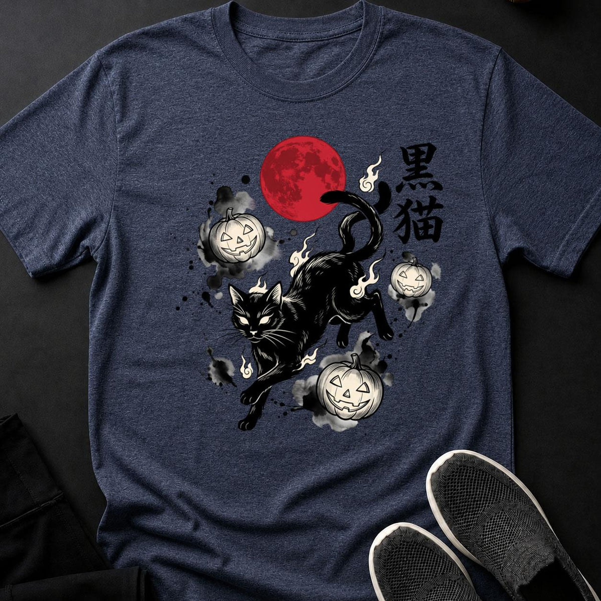 Black Cat Blood Moon Sumi-e Cat Tee