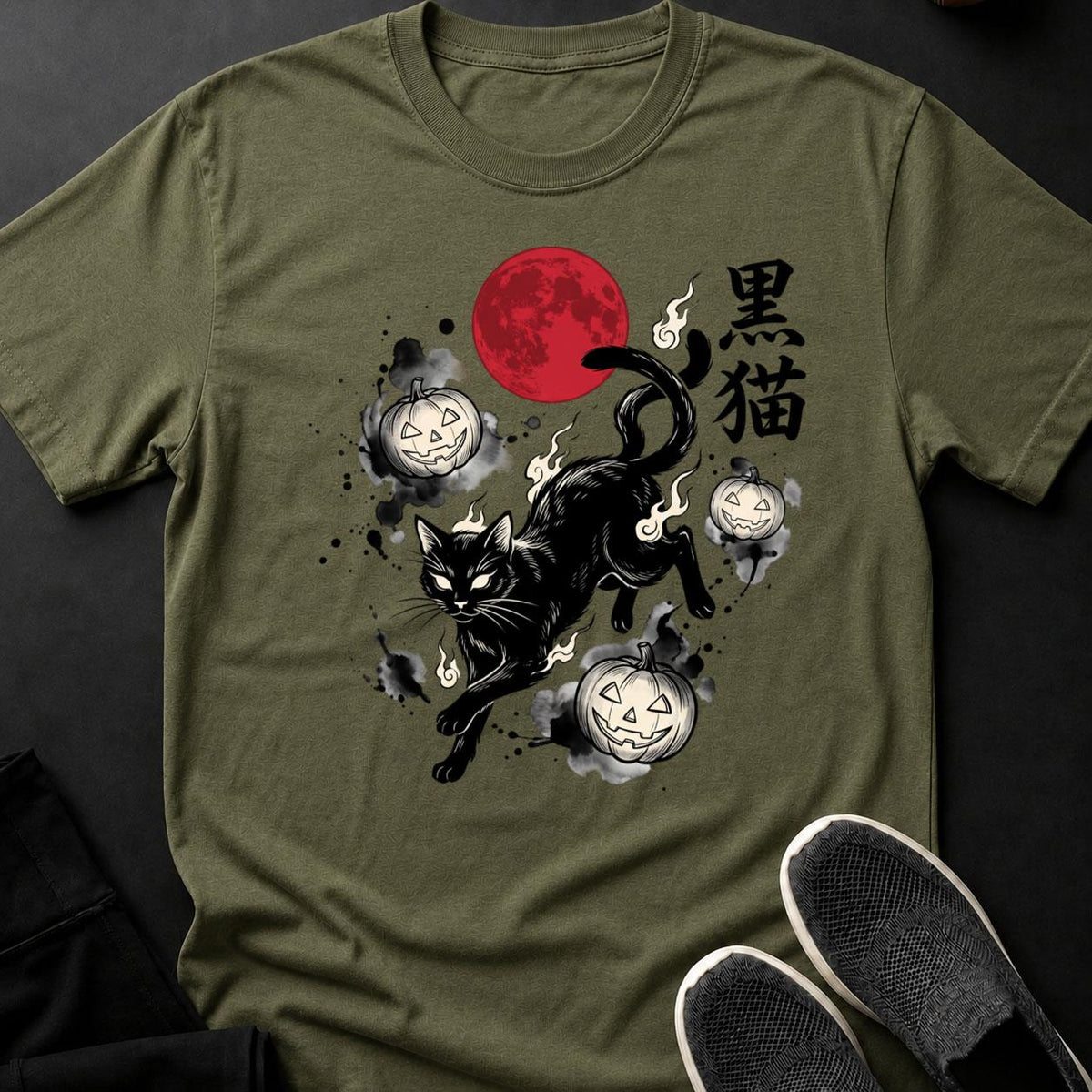 Black Cat Blood Moon Sumi-e Cat Tee