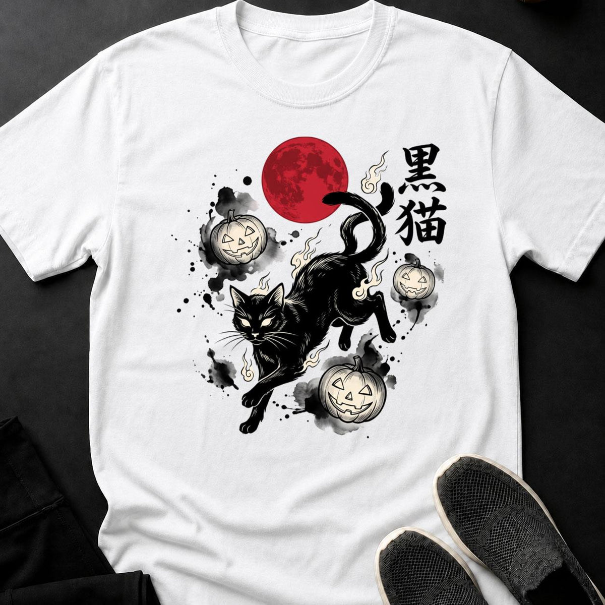 Black Cat Blood Moon Sumi-e Cat Tee