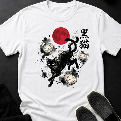 Black Cat Blood Moon Sumi-e Cat Tee