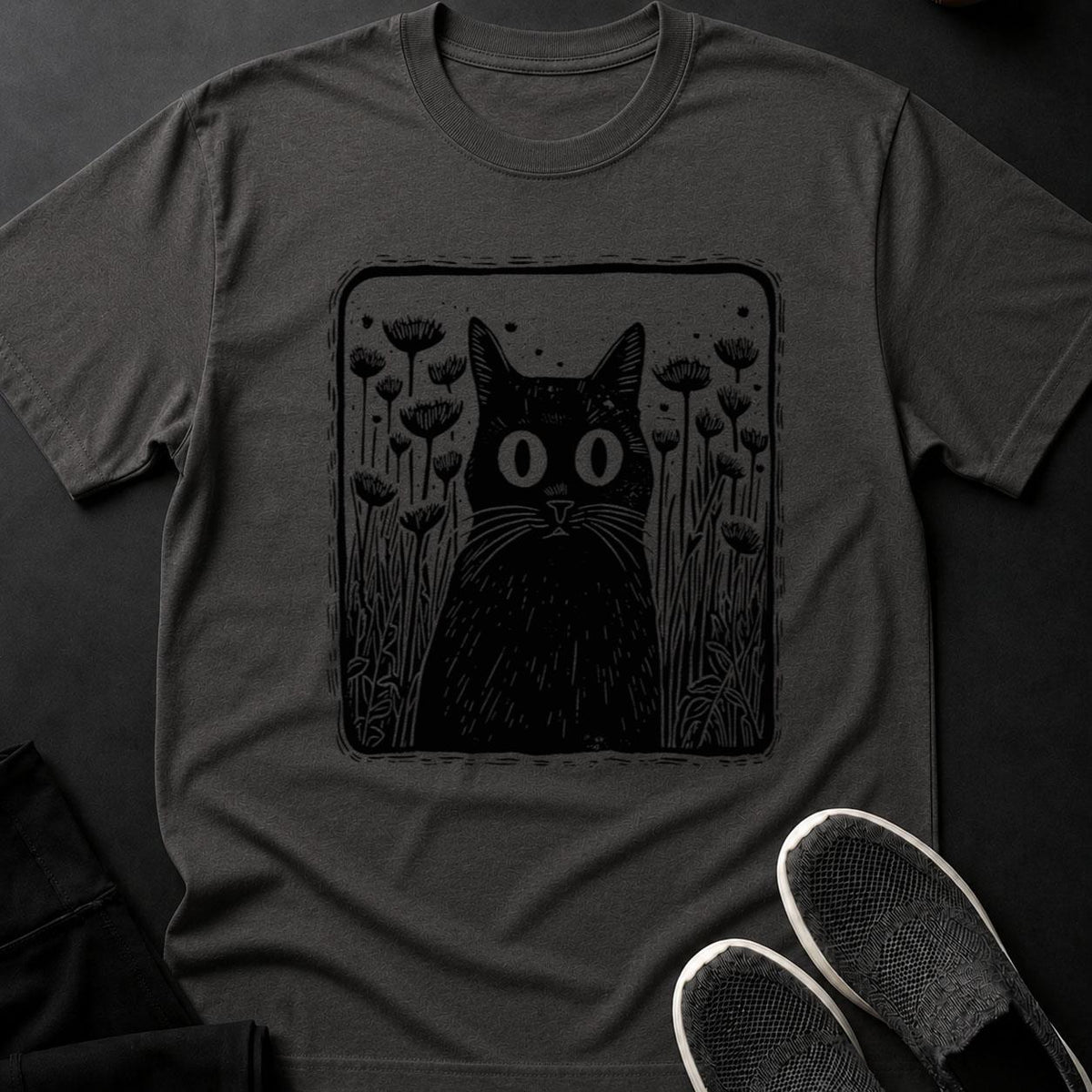 Black Cat Hiding In Dandelion Field Tee
