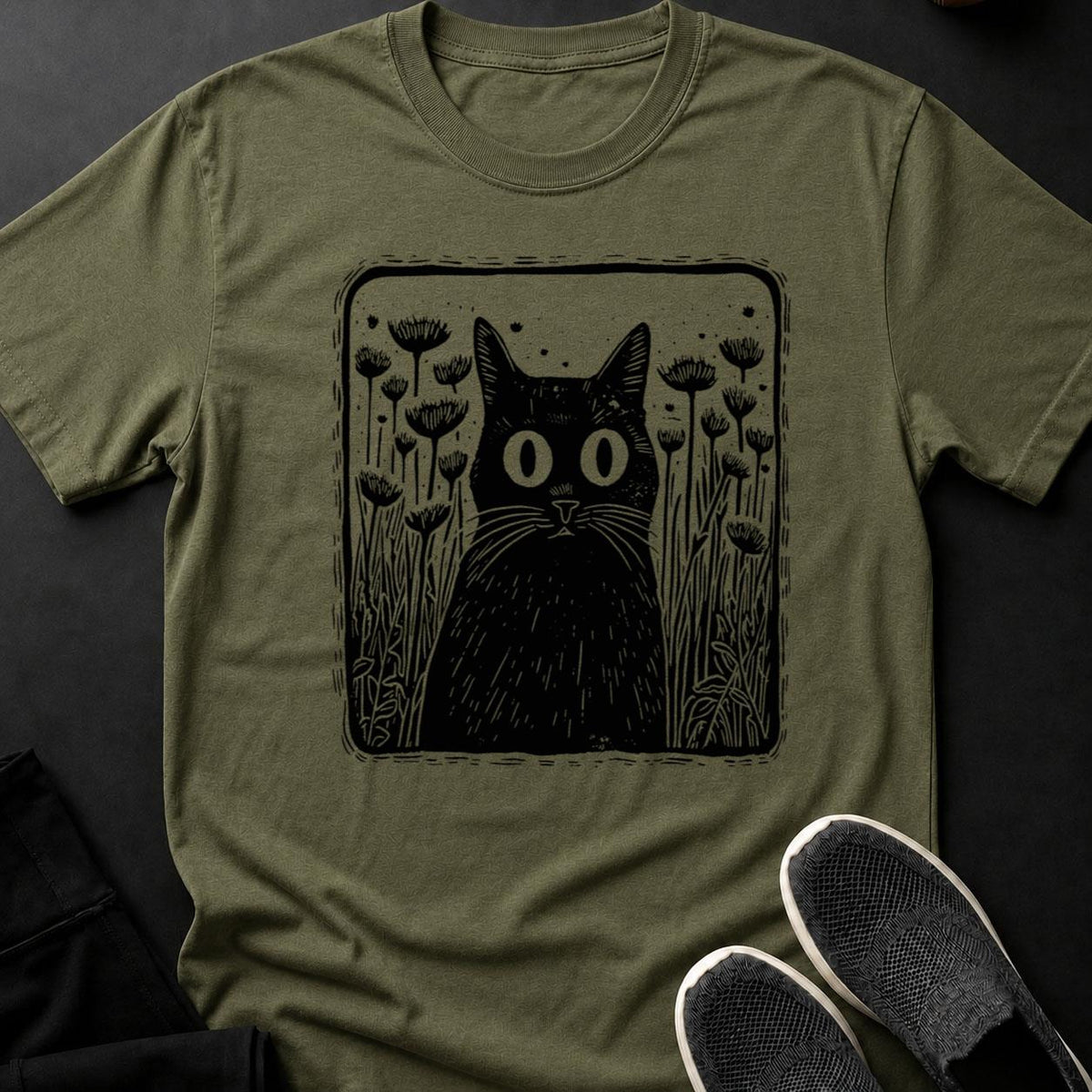 Black Cat Hiding In Dandelion Field Tee