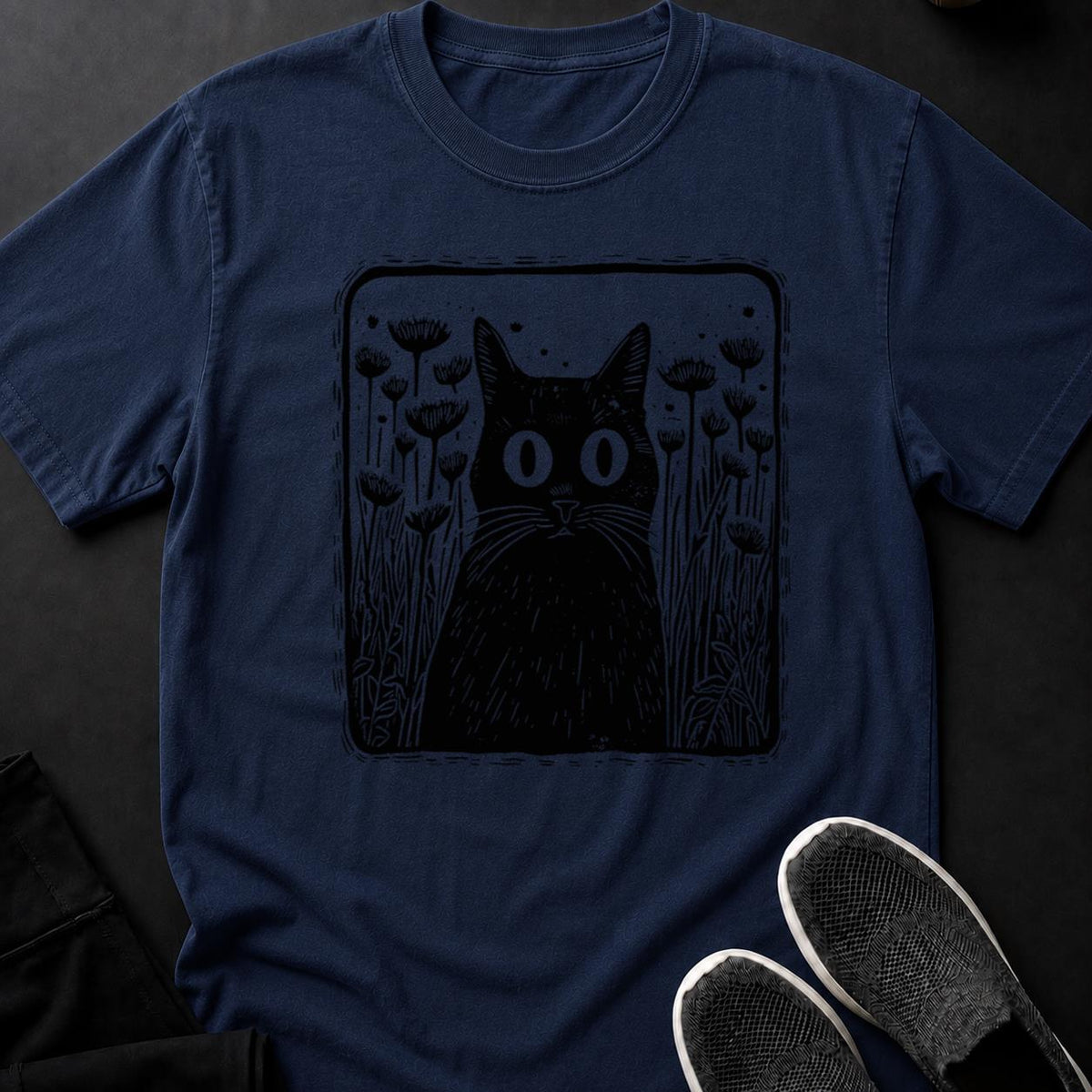 Black Cat Hiding In Dandelion Field Tee