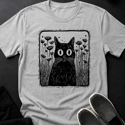 Black Cat Hiding In Dandelion Field Tee