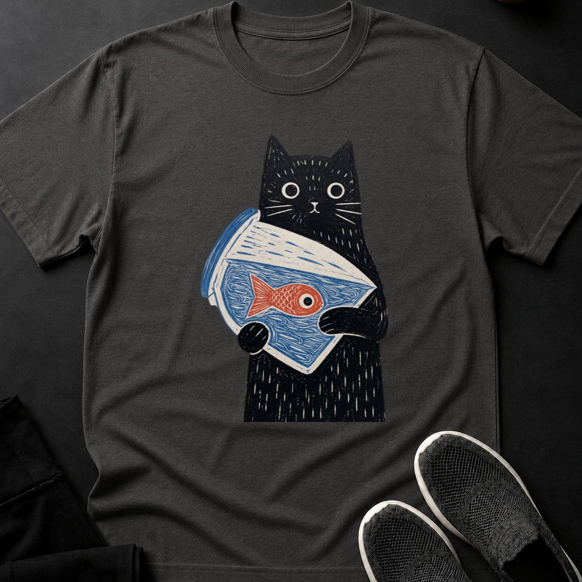 Black Cat Holding Goldfish Bowl Tee