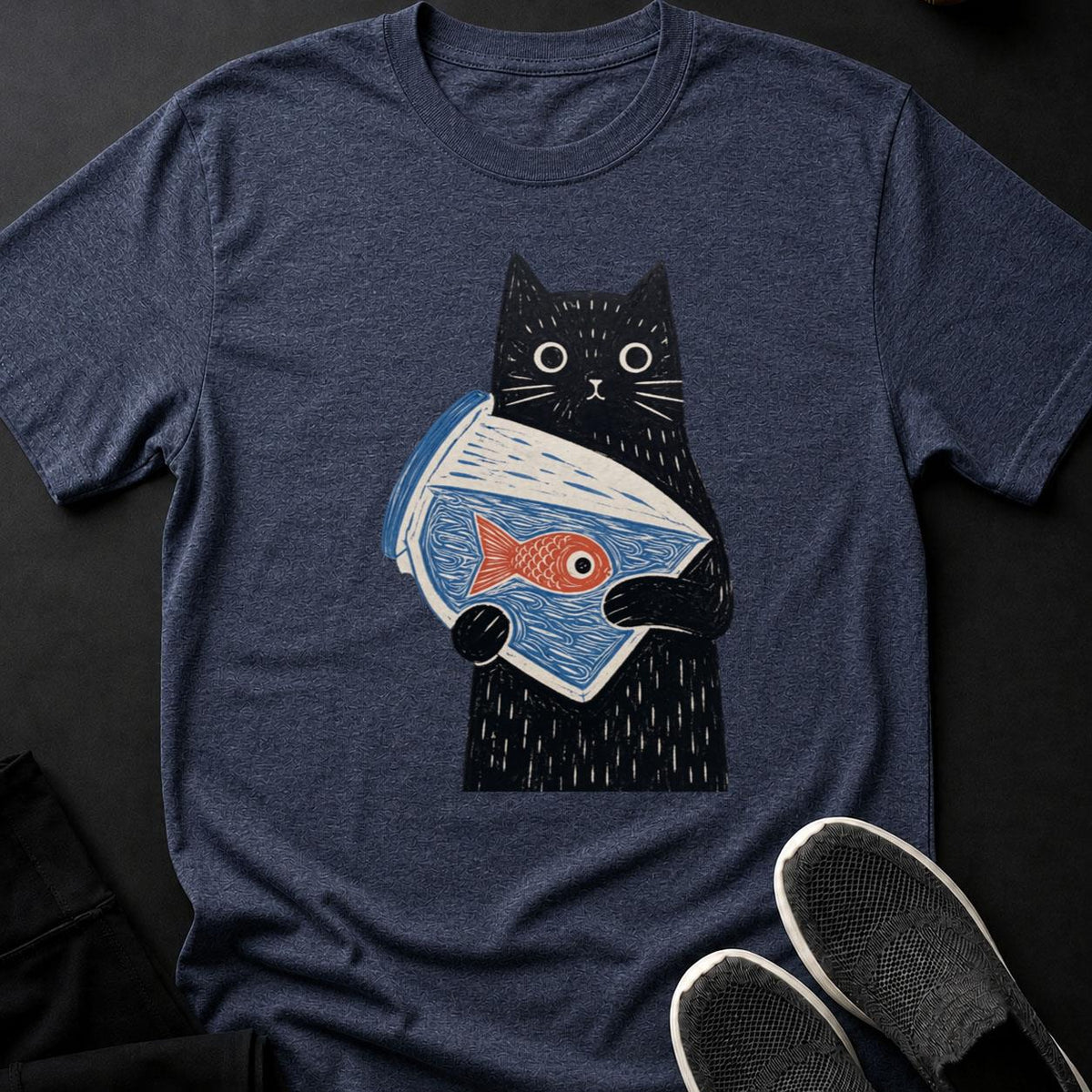 Black Cat Holding Goldfish Bowl Tee