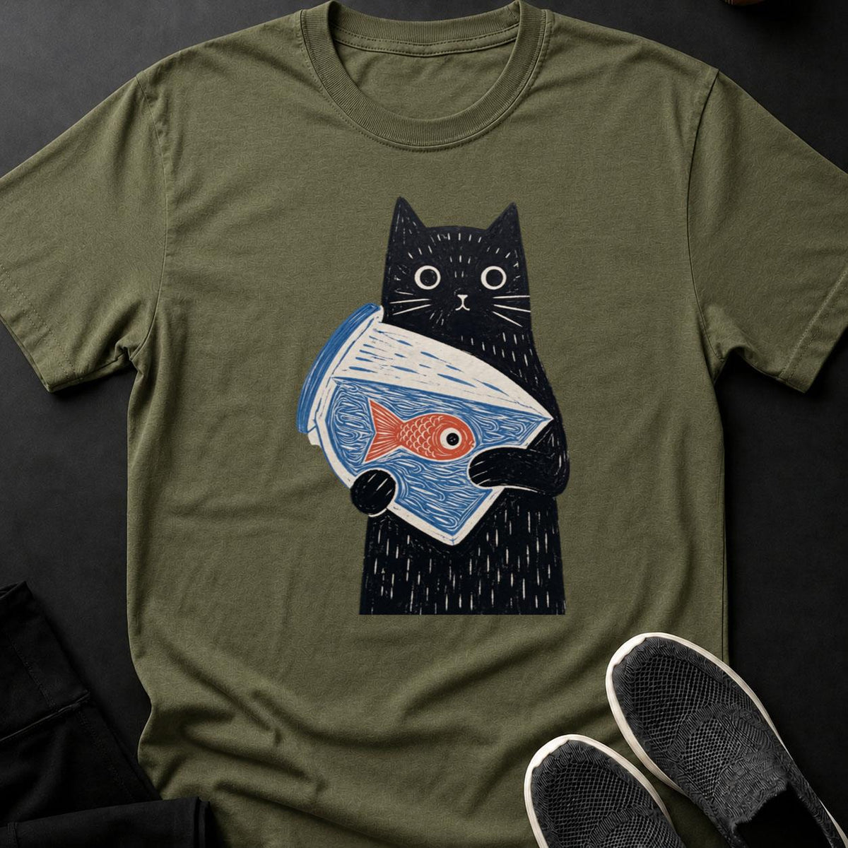 Black Cat Holding Goldfish Bowl Tee