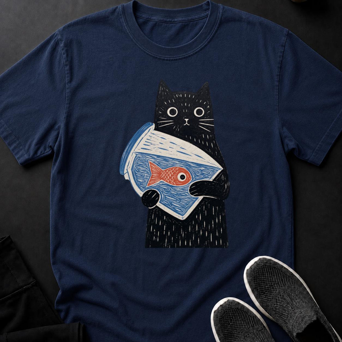 Black Cat Holding Goldfish Bowl Tee