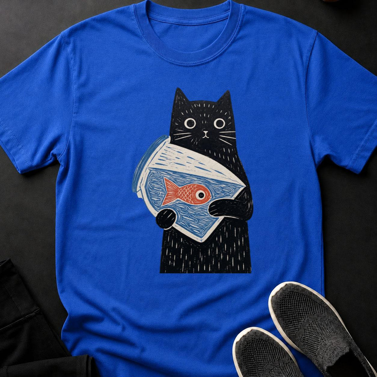 Black Cat Holding Goldfish Bowl Tee