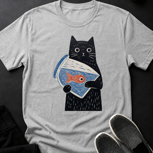 Black Cat Holding Goldfish Bowl Tee