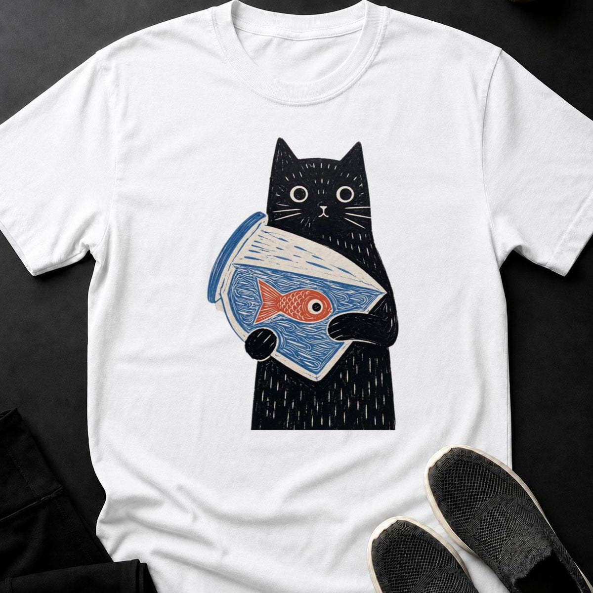 Black Cat Holding Goldfish Bowl Tee