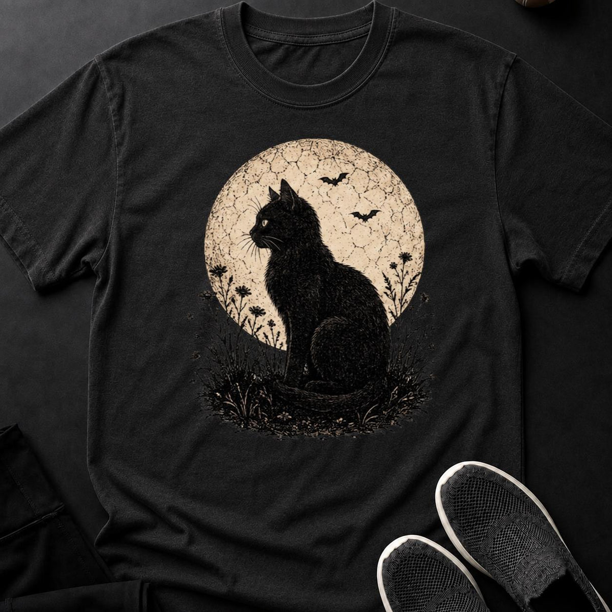 Black Cat Moon Bats Flowers Engrave