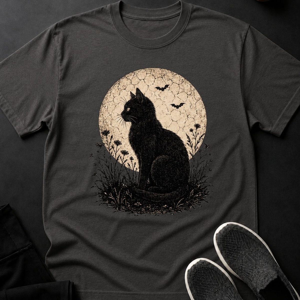 Black Cat Moon Bats Flowers Engrave