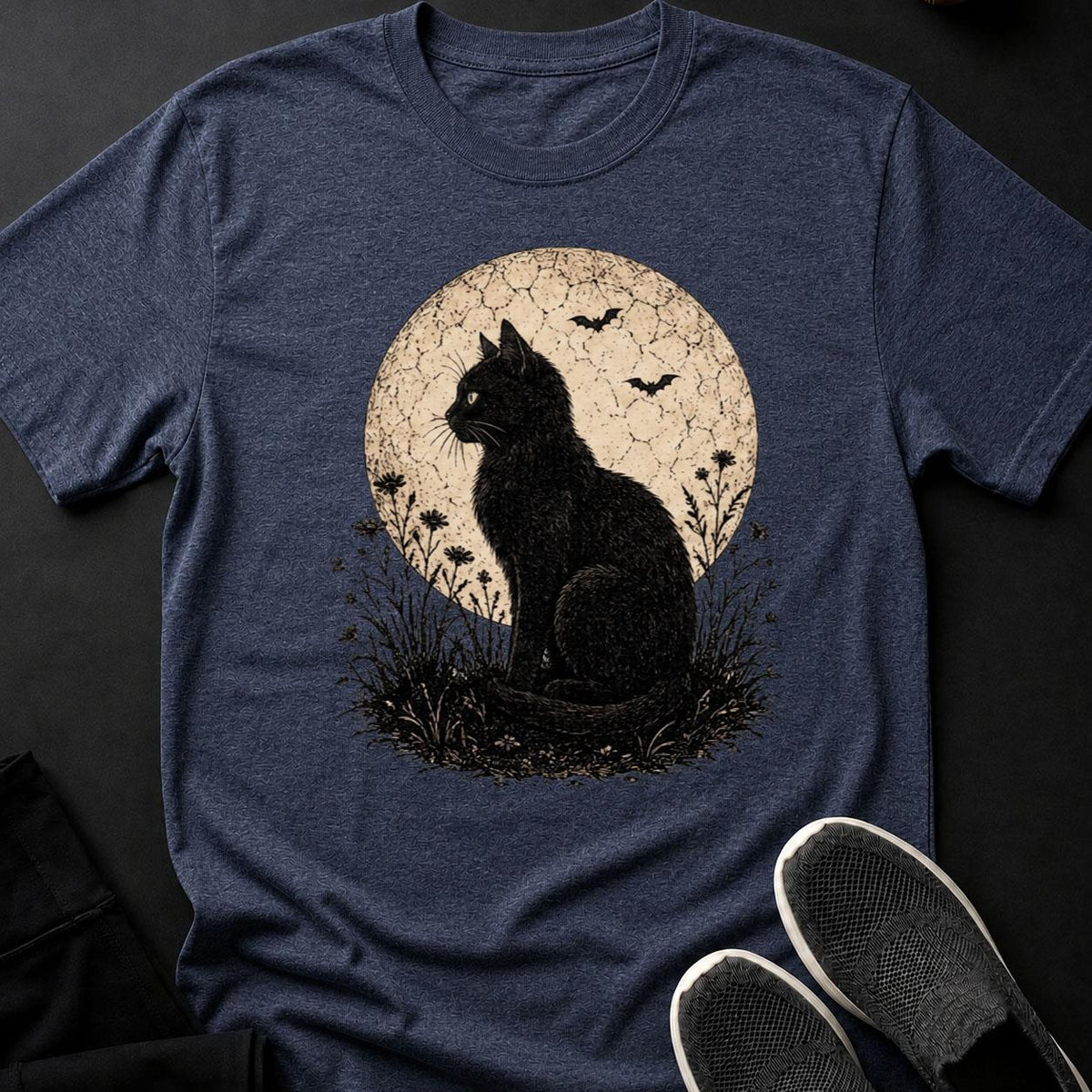Black Cat Moon Bats Flowers Engrave