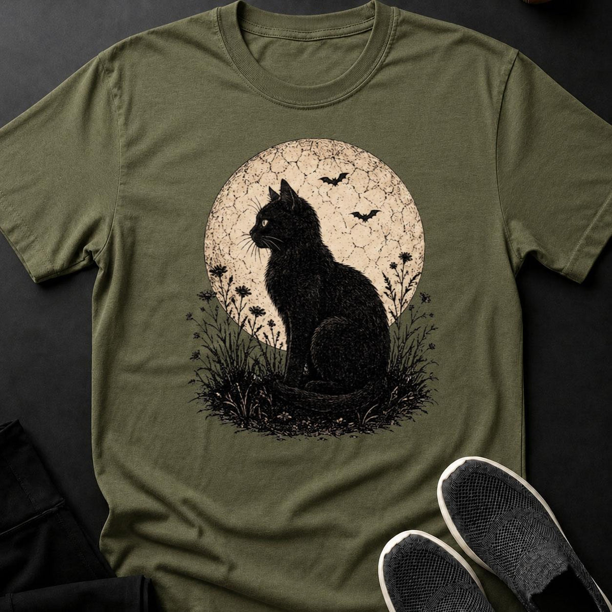 Black Cat Moon Bats Flowers Engrave