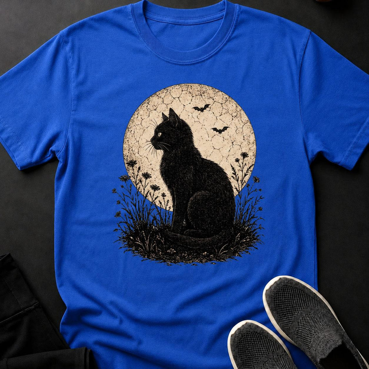 Black Cat Moon Bats Flowers Engrave