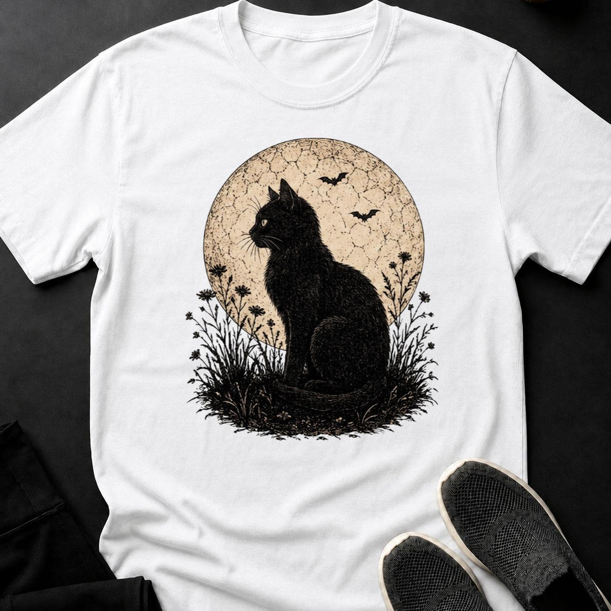 Black Cat Moon Bats Flowers Engrave