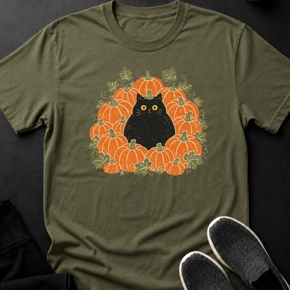 Black Cat Pumpkin Patch Halloween Tee