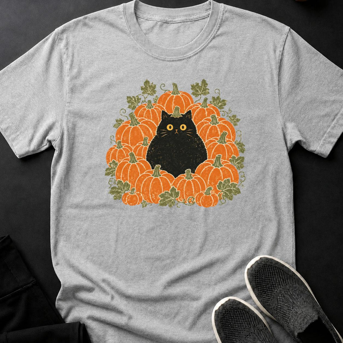 Black Cat Pumpkin Patch Halloween Tee