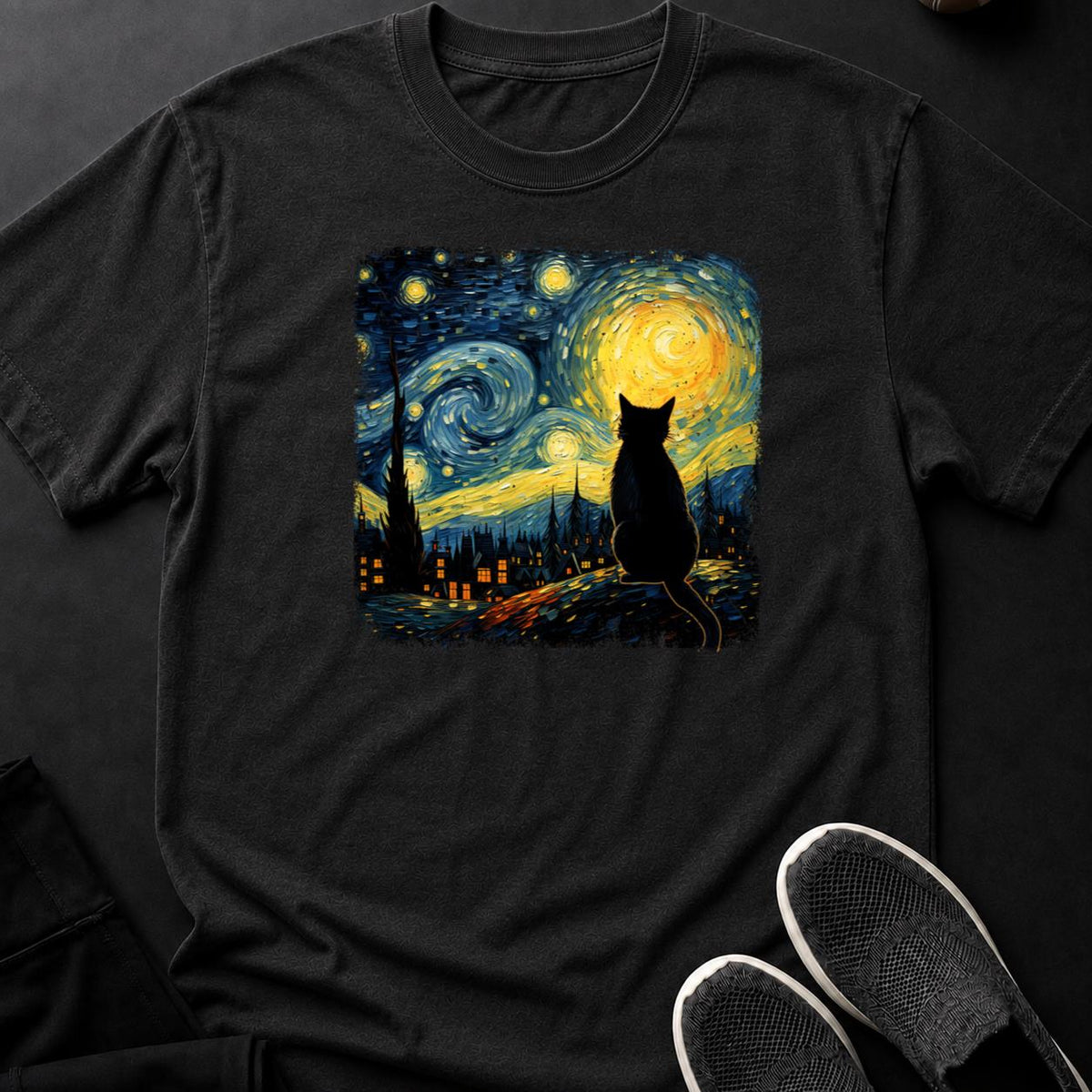 Black Cat Starry Night Van Gogh Tee