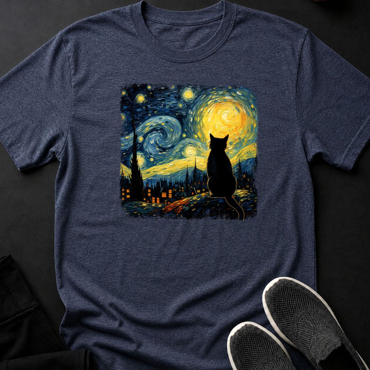 Black Cat Starry Night Van Gogh Tee