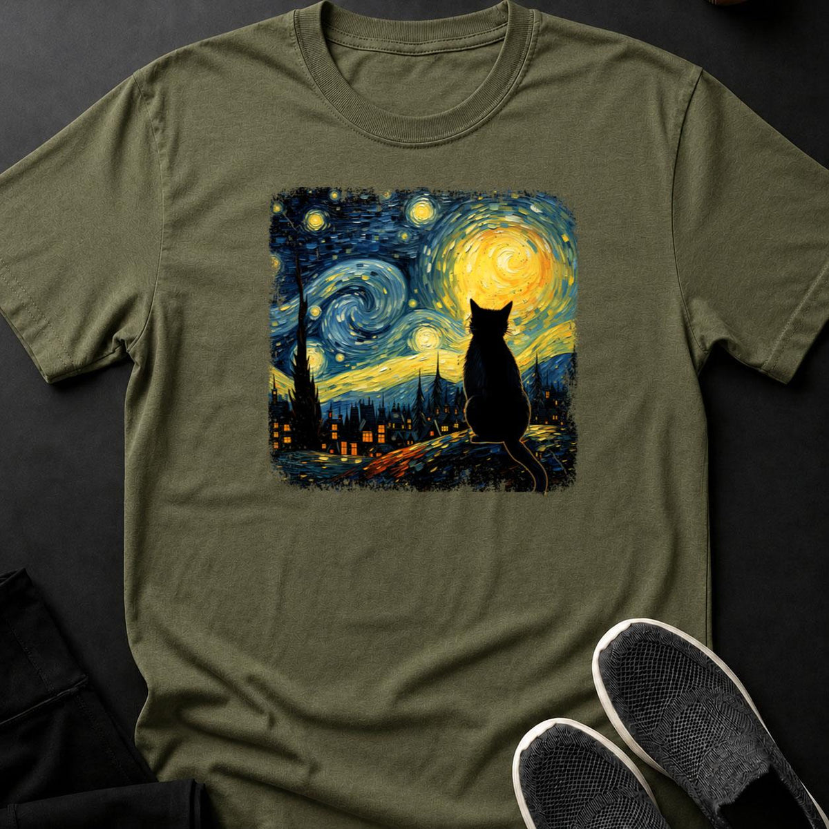 Black Cat Starry Night Van Gogh Tee