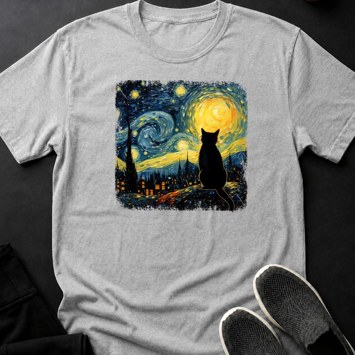 Black Cat Starry Night Van Gogh Tee
