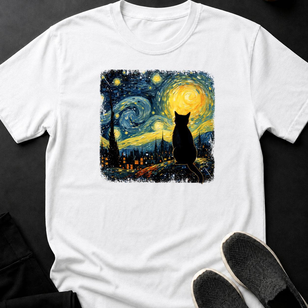 Black Cat Starry Night Van Gogh Tee
