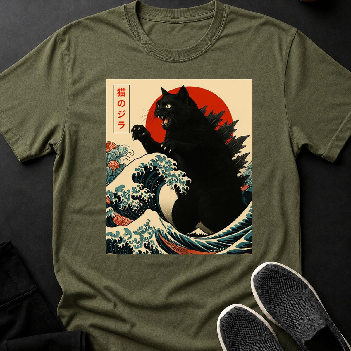 Black Catzilla Japanese Wave Tee