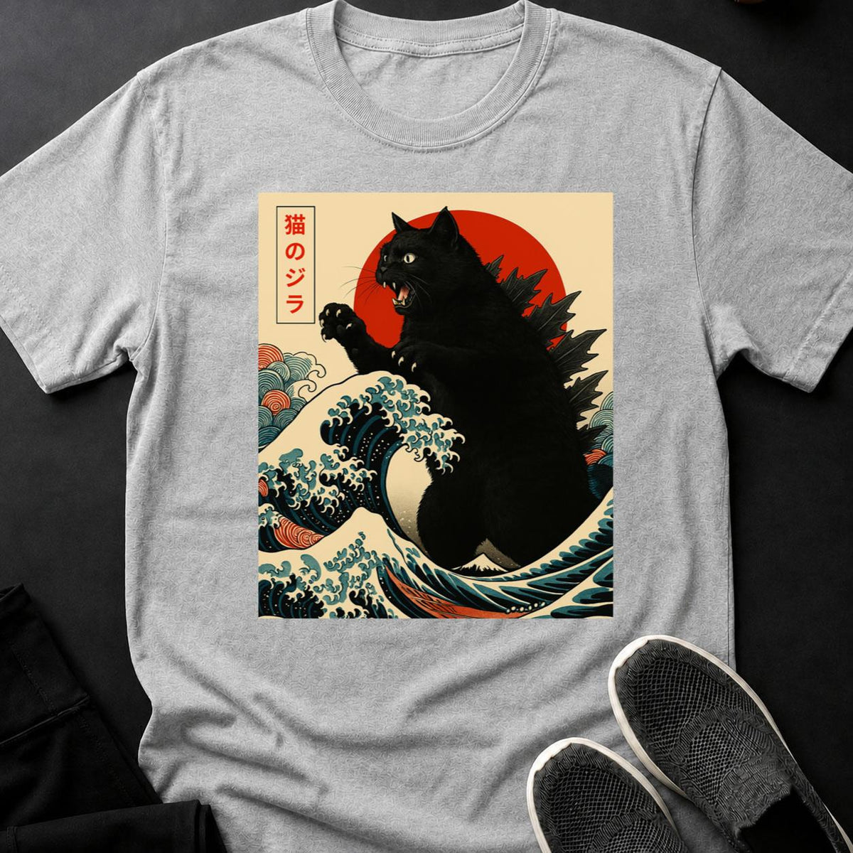 Black Catzilla Japanese Wave Tee