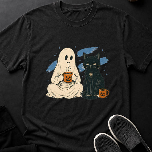 Ghost And Black Cat Coffee Break Cat Tee