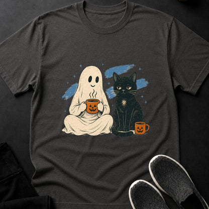 Ghost And Black Cat Coffee Break Cat Tee
