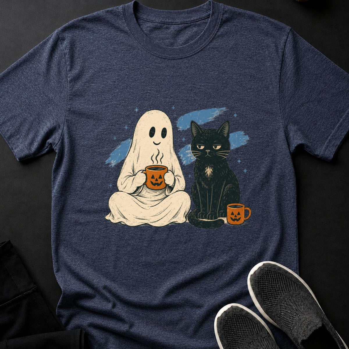 Ghost And Black Cat Coffee Break Cat Tee