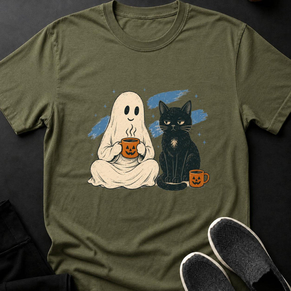 Ghost And Black Cat Coffee Break Cat Tee