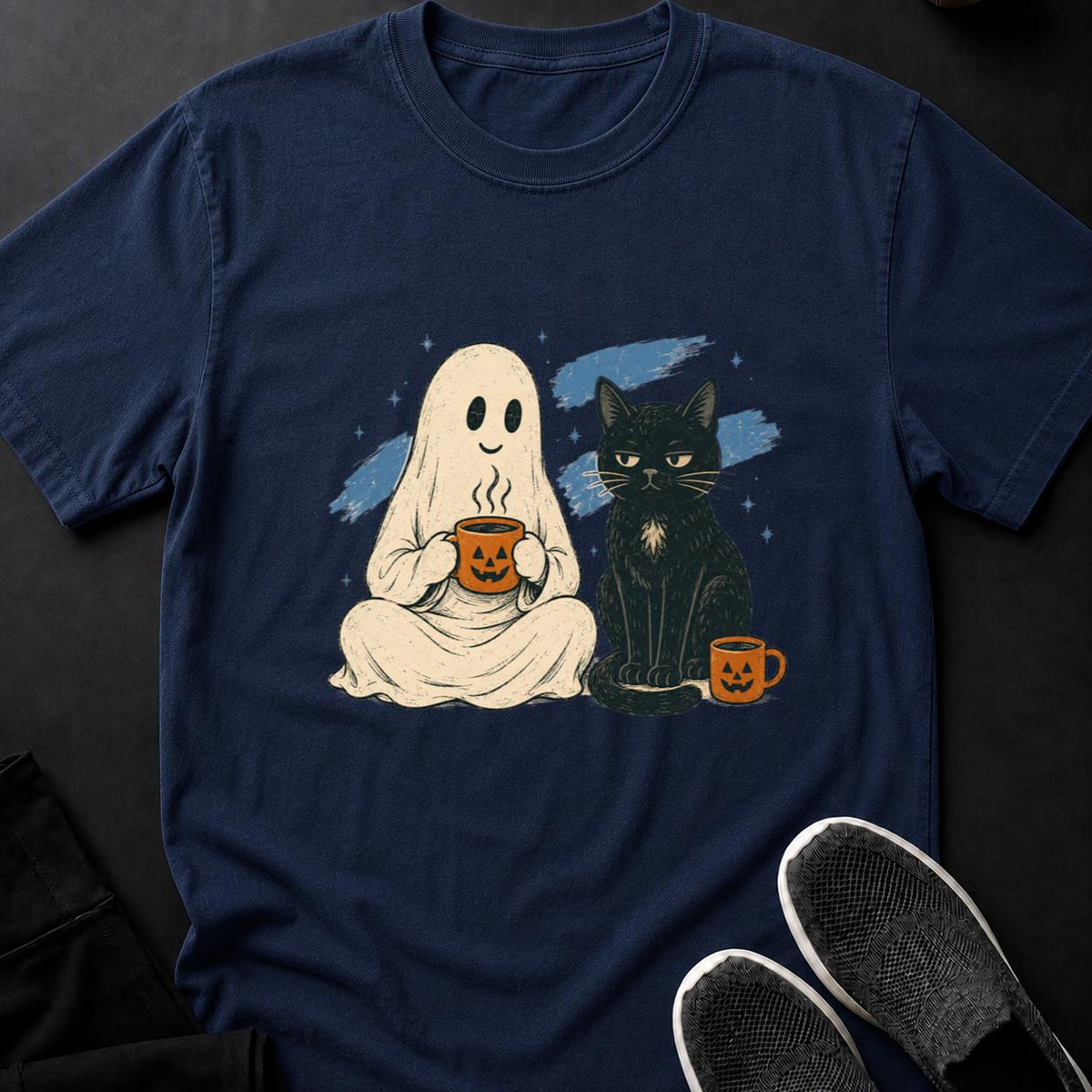 Ghost And Black Cat Coffee Break Cat Tee