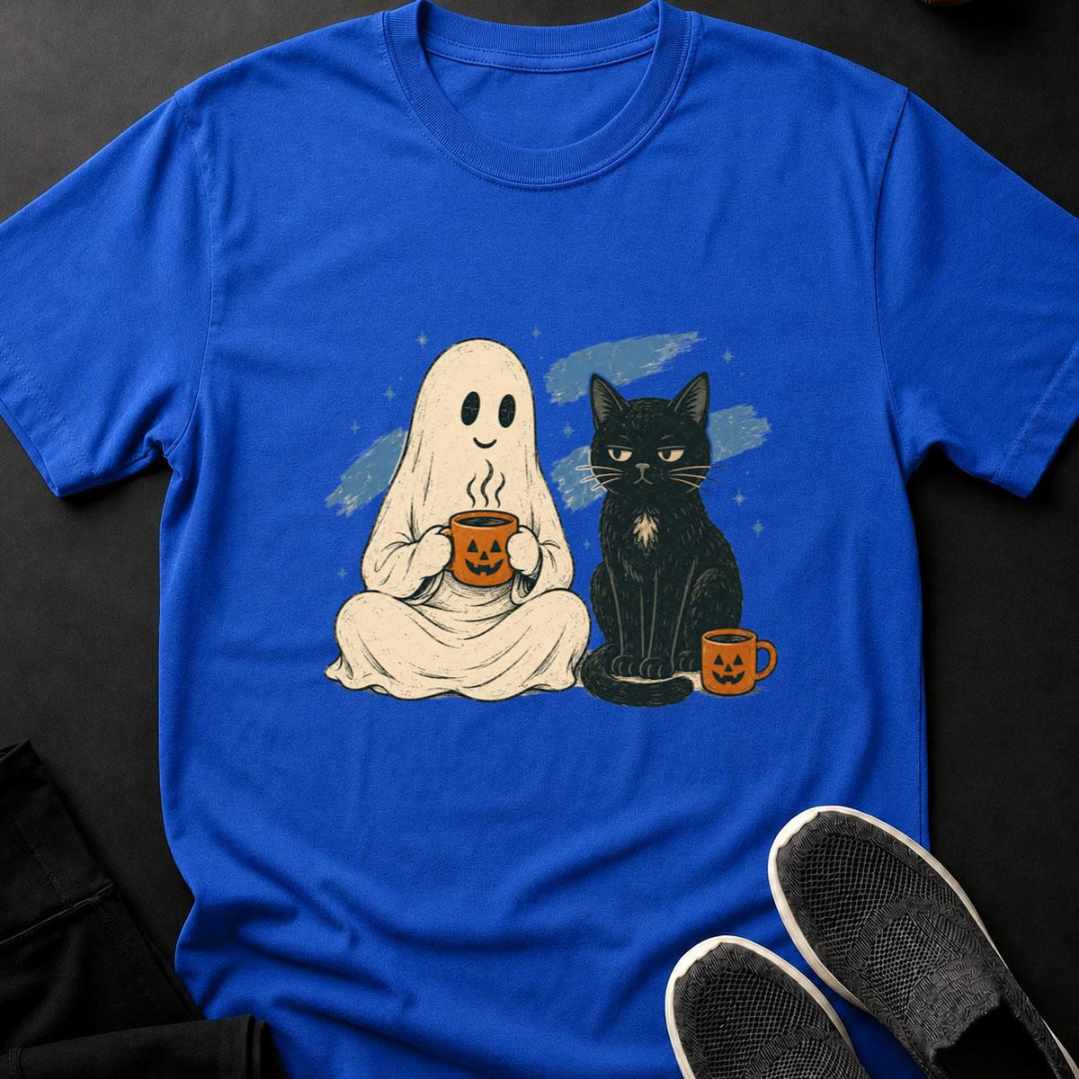 Ghost And Black Cat Coffee Break Cat Tee