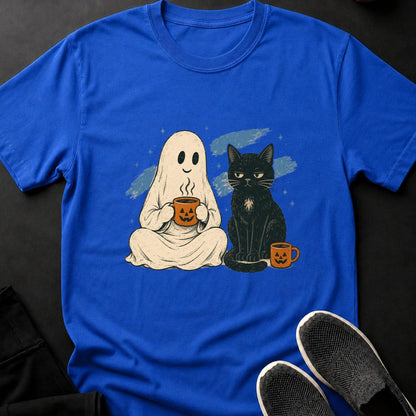 Ghost And Black Cat Coffee Break Cat Tee