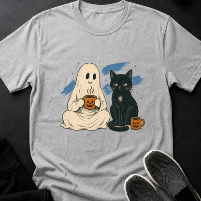 Ghost And Black Cat Coffee Break Cat Tee