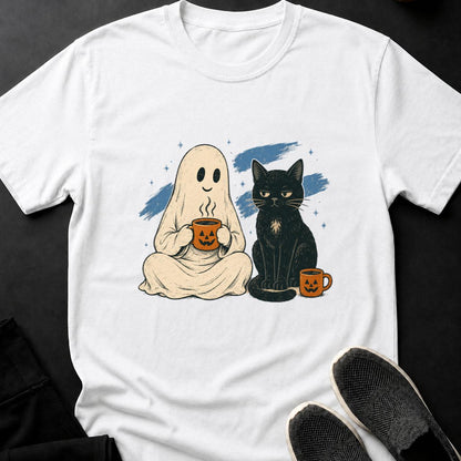 Ghost And Black Cat Coffee Break Cat Tee