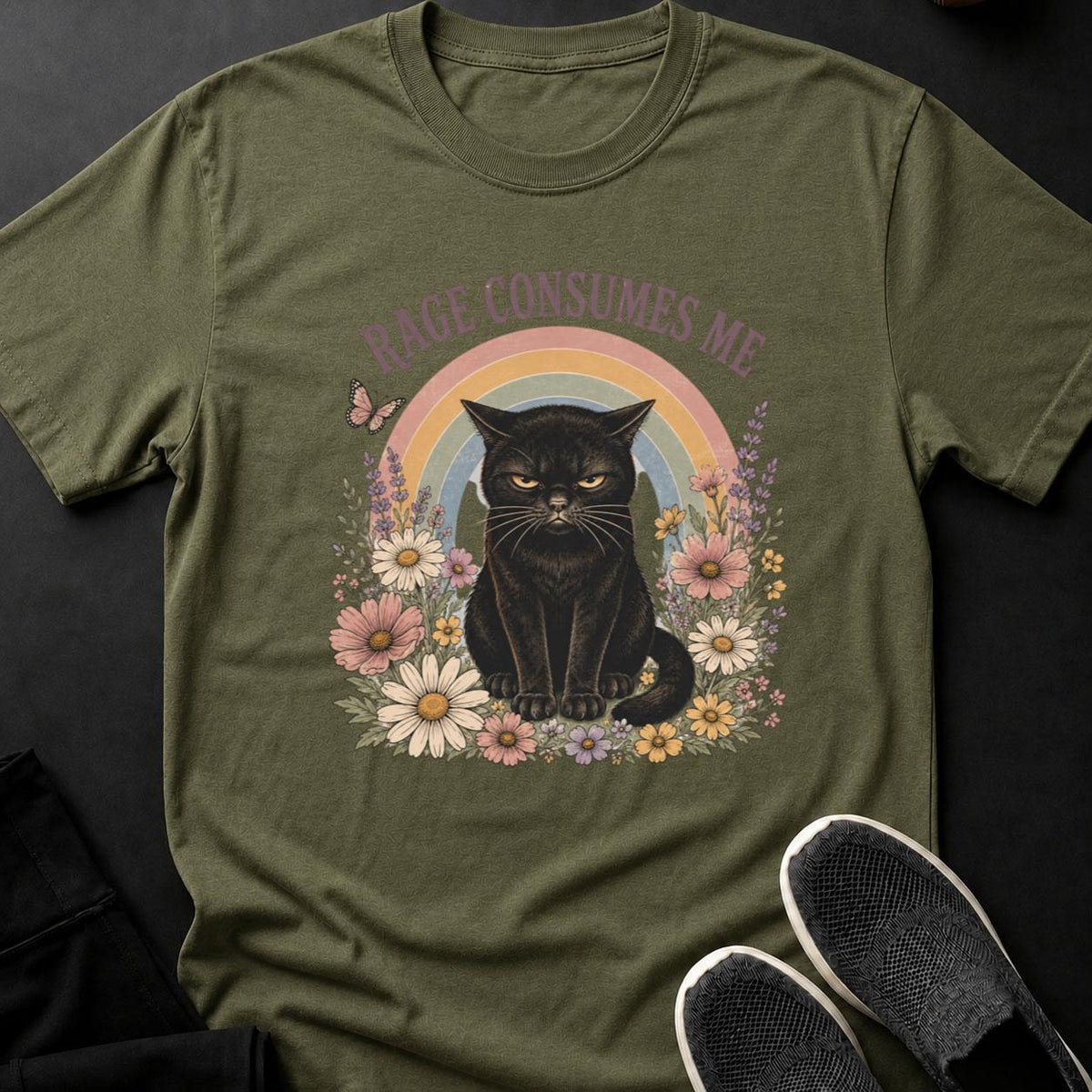 Grumpy Cat Under a Pastel Rainbow